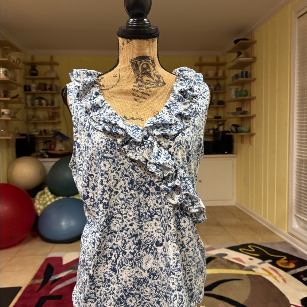 Chaps Blue And White Patterned Ruffled Sleeve Les… - image 1